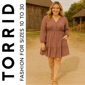 Torrid Mauve Mini Challis Ruffle Neck 3/4 Sleeve Lace Shirt Dress, Large, NWT!